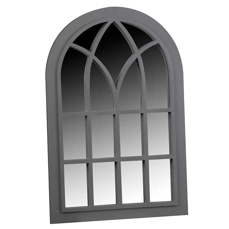 Slate grey arched garden mirror with Gothic window pane design featuring 12 rectangular panes and decorative top sections, ideal for outdoor home and garden decor