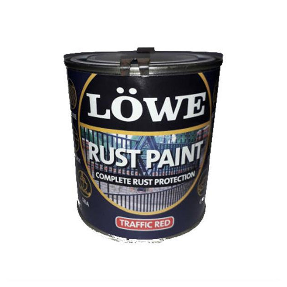 Lowe 1 litre rust paint tin in traffic red with black label and metal lid for complete rust protection