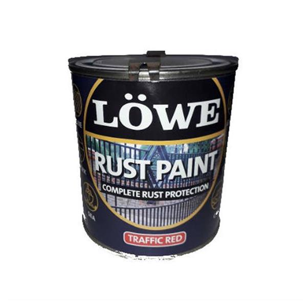 Lowe 1 litre traffic red rust paint tin with black label featuring gold accents and complete rust protection branding