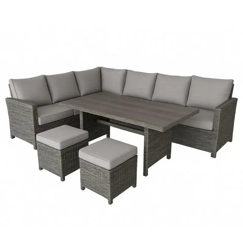 Euroactive Parma grey rattan corner dining garden furniture set with L-shaped sofa, dining table and two footstools with grey cushions