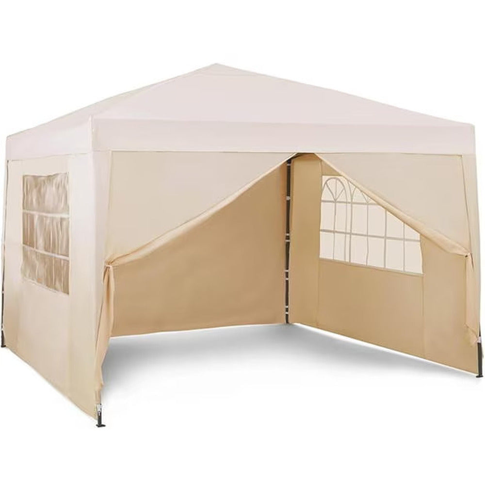 Cream pop-up gazebo with detachable sidewalls, 3x3 metre size, featuring windows and open front entrance for outdoor events and shelter