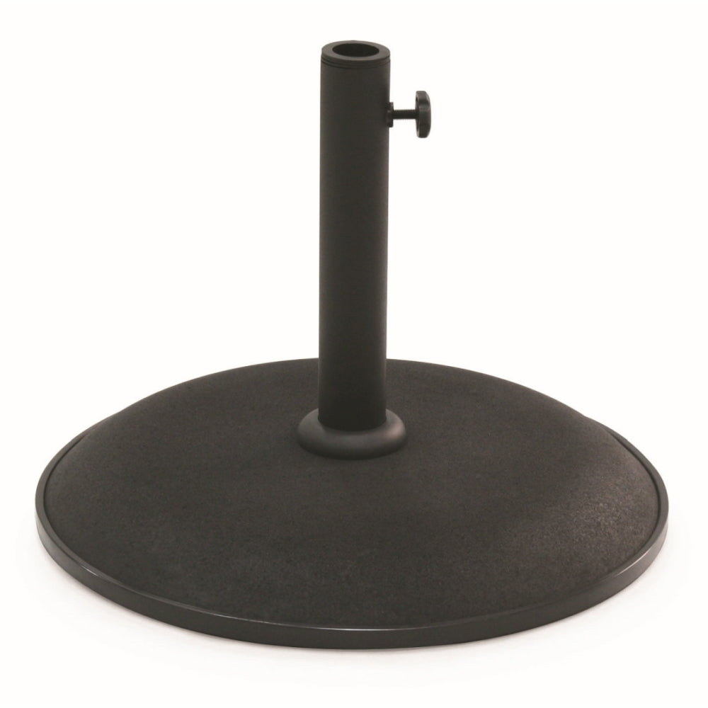 Black heavy-duty garden parasol base with 15kg weight capacity, featuring a round weighted base and central pole with adjustment knob for umbrella insertion