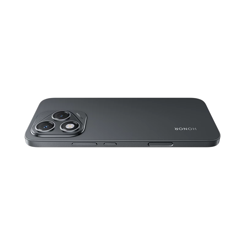 Honor 50 Lite 5G smartphone in Velvet Black showing rear camera module with triple lens setup and volume buttons on side view against white background