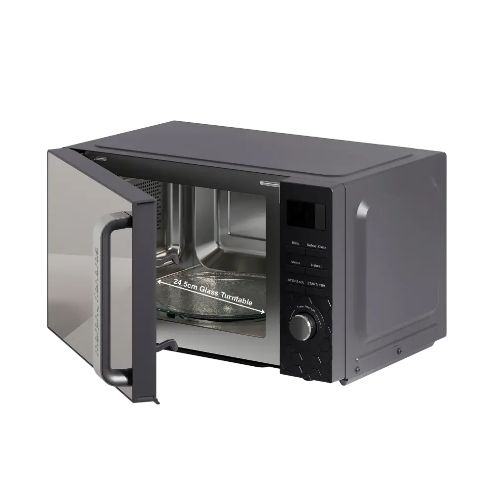 Morphy Richards Cassini Digital Microwave 20 litre 700W in moonless night black with open door showing 24.5cm glass turntable, digital control panel and power dial on right side