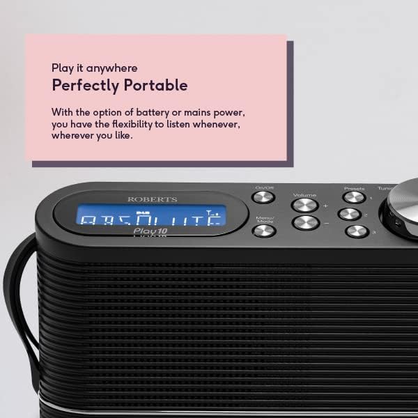 Roberts PLAY10BK portable DAB FM digital radio in black with blue LCD display, control buttons and ribbed texture, shown with pink product information card describing portable battery and mains power options