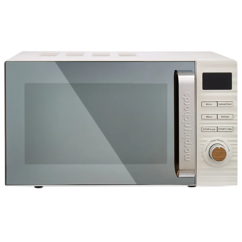 Morphy Richards Clay 20 litre microwave oven in cream white with grey glass door, digital display, control buttons and wooden accent dial on right side