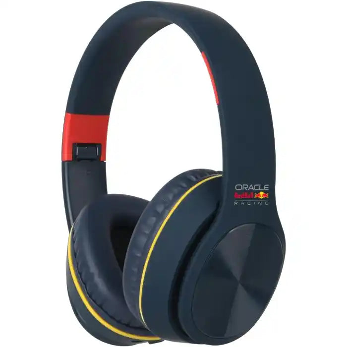 Red Bull Racing Oracle over-ear Bluetooth headphones with dark blue ear cups, yellow trim accents, red headband panel, and black control buttons displayed against white background