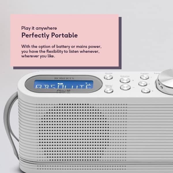 Roberts Play10 portable DAB FM digital radio in white with grey speaker grille, blue LCD display, control buttons and knobs, shown with pink product information banner highlighting portable battery and mains power operation