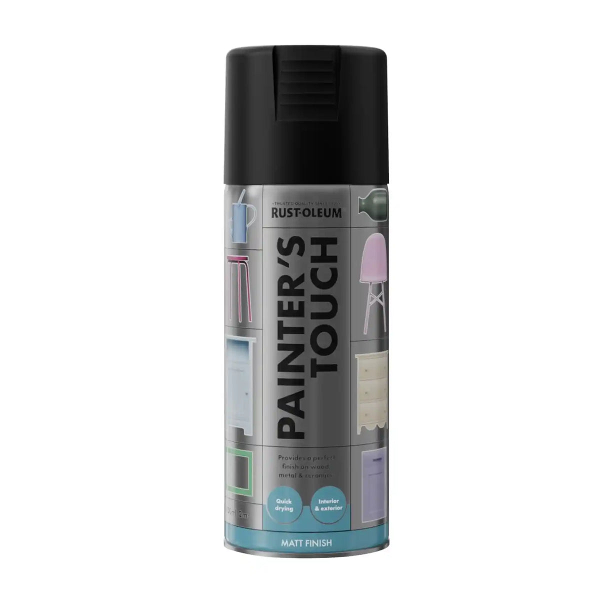 A can of Rust-Oleum Painter's Touch spray paint in a matte finish, featuring a black cap and a gray label with multicolor paint swatches.
