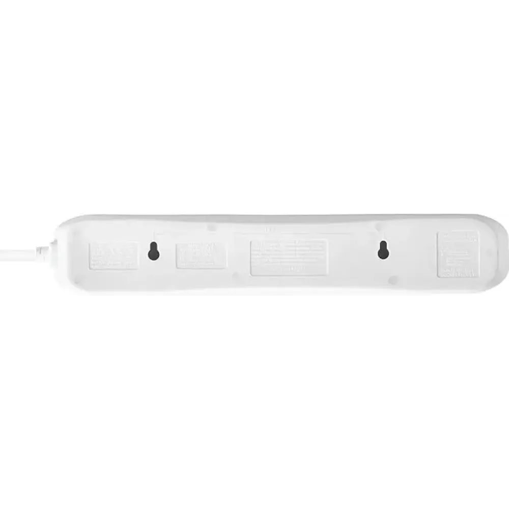 White Masterplug power extension strip with 4 electrical sockets and 2 USB ports, 1 metre cable, viewed from above against white background