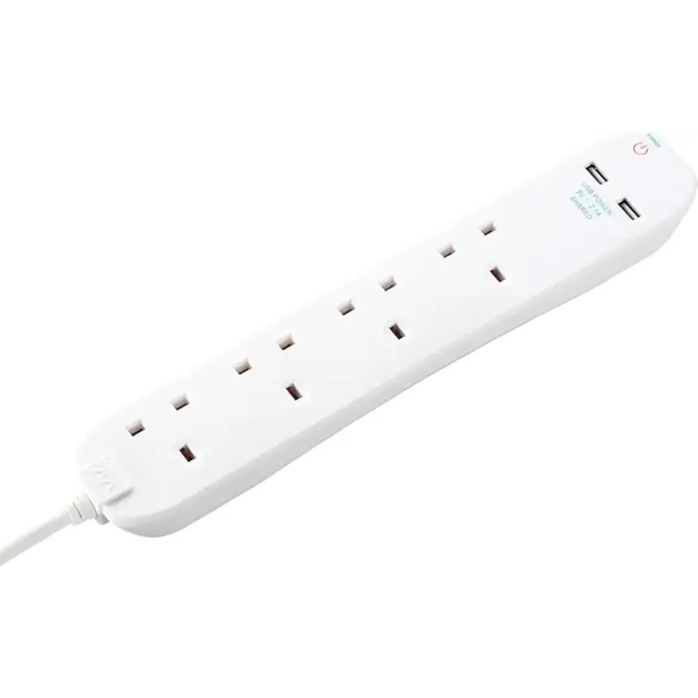 White Masterplug extension lead with 4 UK power sockets, 2 USB ports and 1 metre cable on white background