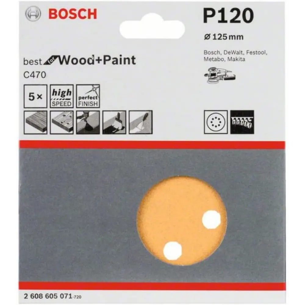 Bosch 125mm Orbital Sanding Discs 120 Grit 5 Pack | 2608605071