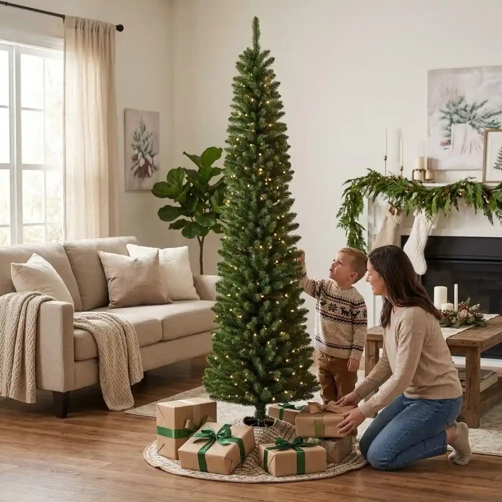 Woman and child admiring a tall slim green Everlands pencil pine Christmas tree with warm white lights and wrapped gifts underneath in a modern living room with beige sofa and fireplace
