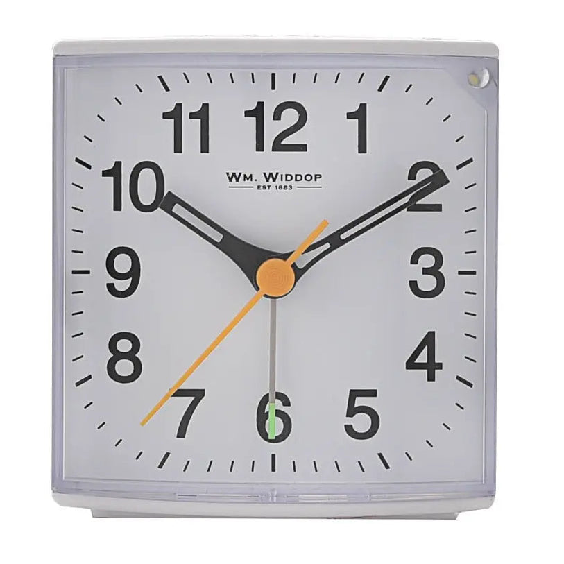Wm. Widdop white square alarm clock with black numerals, black hour and minute hands, orange second hand, and sweep movement mechanism