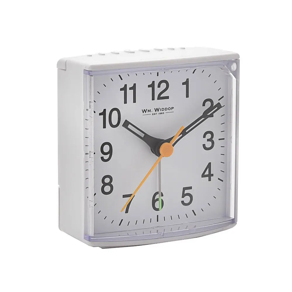 White square alarm clock by Widdop with rounded corners, white face, black numerals, black hour and minute hands, orange second hand, and green 6 marker, featuring sweep movement mechanism