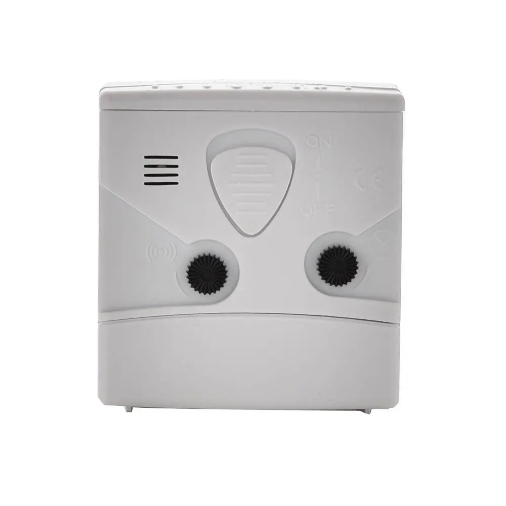 White plastic twin bell alarm clock with sweep movement, featuring speaker grille, power button and wireless indicator symbol on front face