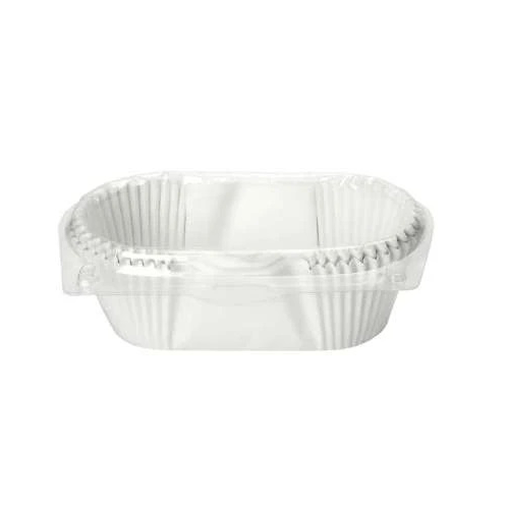 Clear plastic disposable loaf pan liner with hinged lid and fluted sides, pack of 40 units for 1lb bread loaves