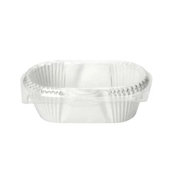 Clear plastic hinged loaf cake container with ribbed sides, pack of 40 disposable bakery boxes for 1lb loaves on white background