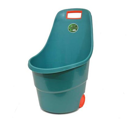Teal green plastic garden wheelie cart trolley with red wheels and handle, 44 litre capacity, featuring rounded bucket design with carrying handles and circular brand logo on front