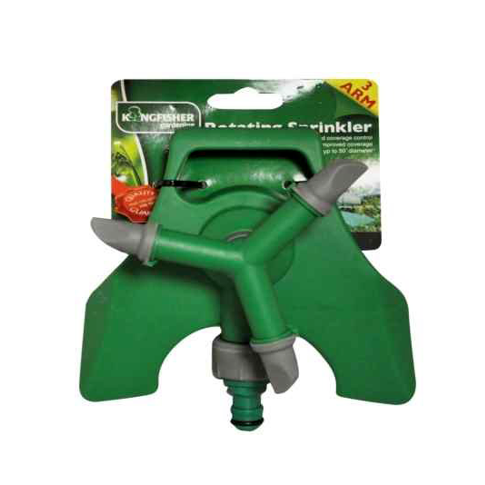 Kingfisher green rotating garden sprinkler with 4 arms and grey nozzles on packaging displaying product details and branding