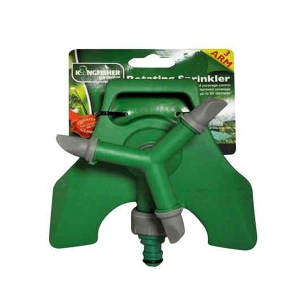 Green plastic 4-arm revolving sprinkler with gray nozzles and connection fitting, Kingfisher brand garden watering tool on product packaging