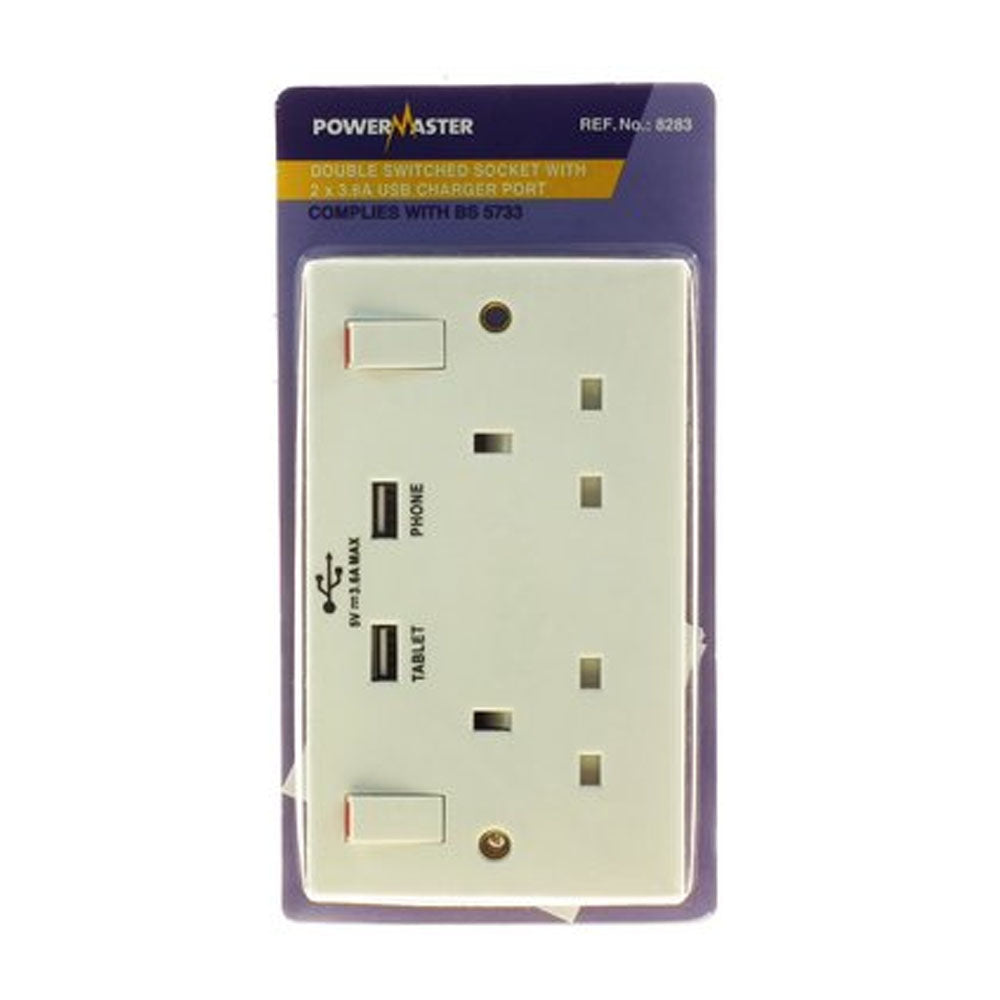 Powermaster 2 Gang 13 Amp Switched Double Socket with 2 USB Ports | 1790-34