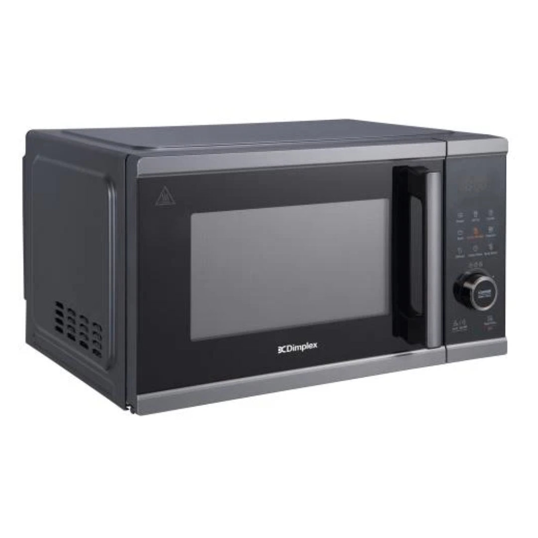 Dimplex 26 litre black microwave with stainless steel trim, digital display panel and air fry function, shown against white background
