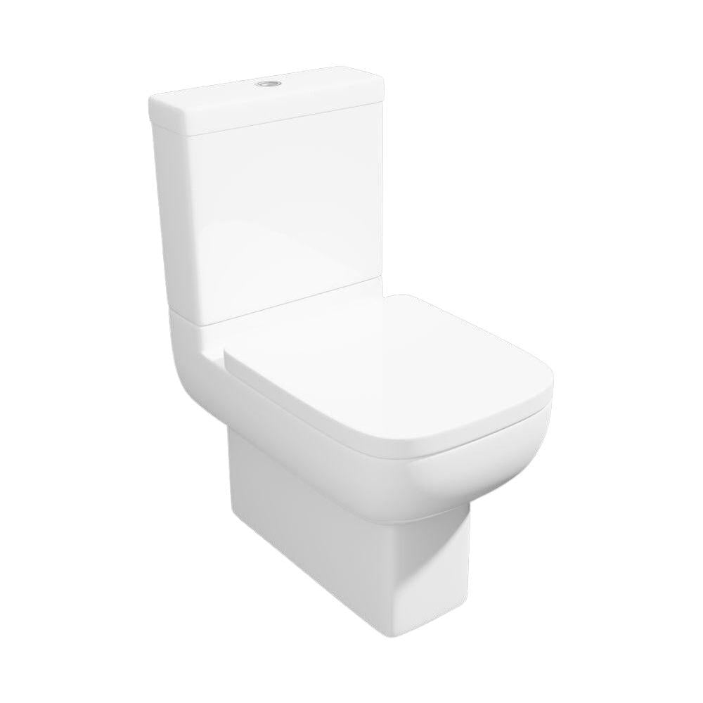 White ceramic close coupled toilet with soft close seat and cover, modern rounded design, dual flush cistern with chrome button, complete bathroom fixture