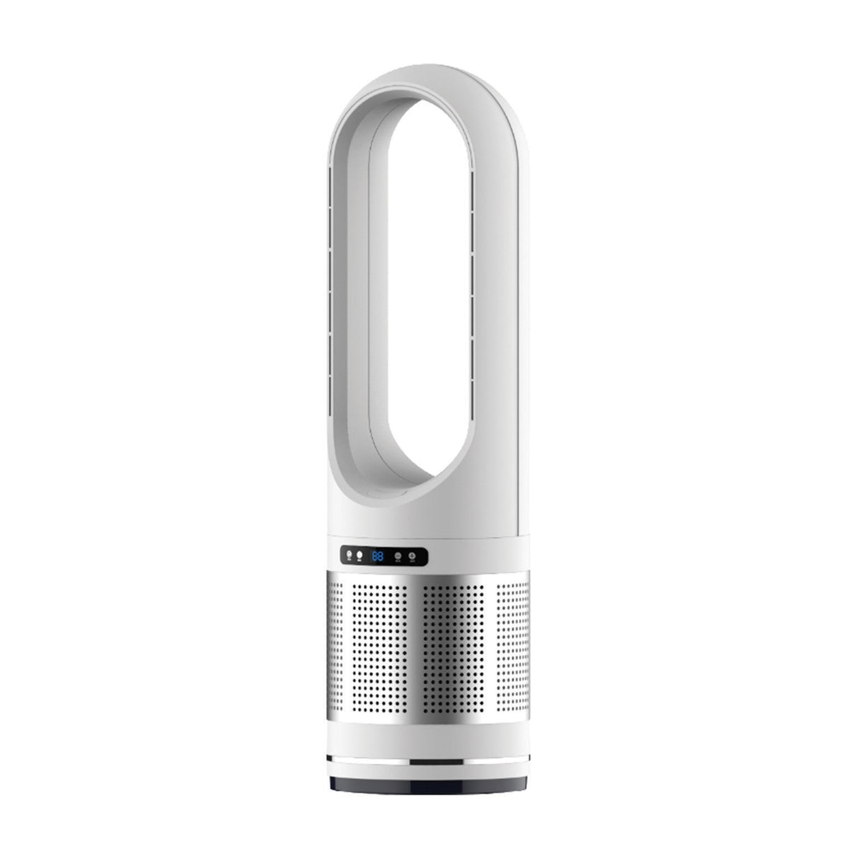 White bladeless tower fan with perforated metal base, oval-shaped air outlet, digital control panel, and dual hot and cold function capability