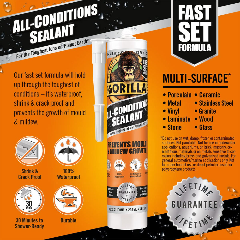 Gorilla All Conditions Sealant 295ml white silicone product packaging showing orange and black design with gorilla logo, featuring fast set formula benefits including waterproof and mold prevention properties for multi-surface applications with lifetime guarantee