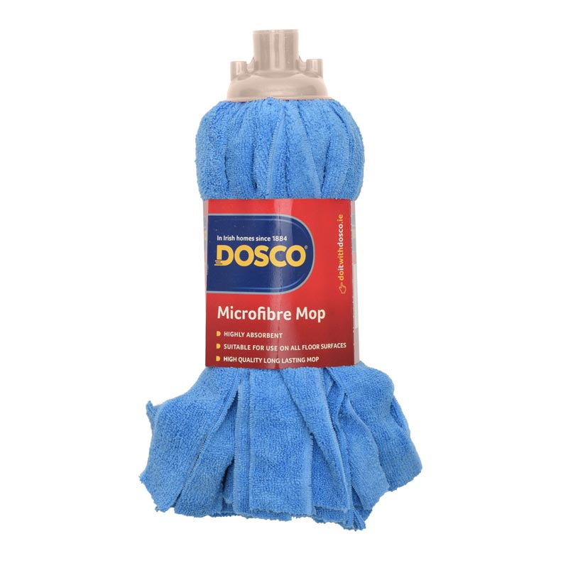 Dosco blue microfibre strip mop head refill with cream plastic connector and red product label stating highly absorbent and suitable for all floor surfaces