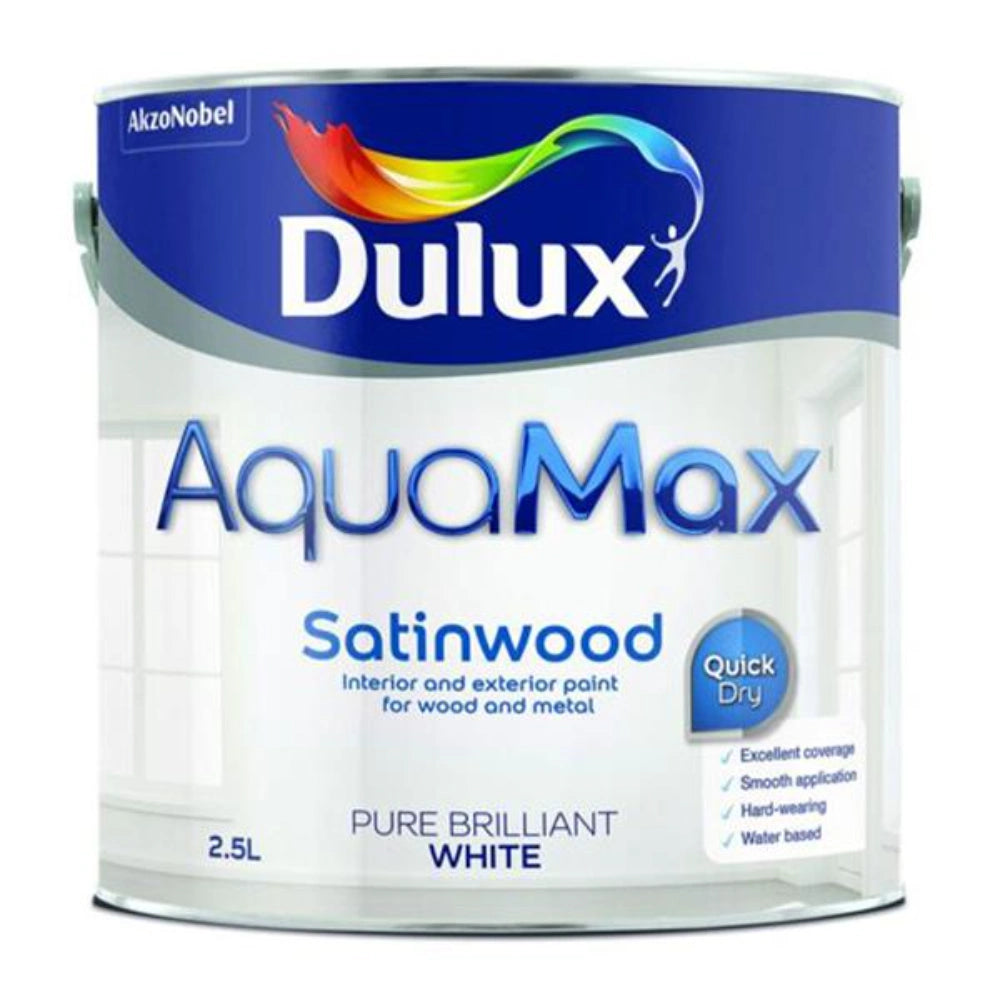 Dulux Aquamax Satinwood Water Based 2.5 Litre Wood and Metal Paint - Brilliant White | 5775515