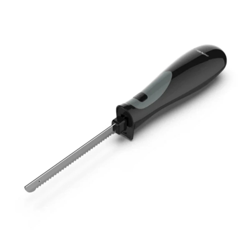 Black kitchen tool with a serrated blade on a white background
