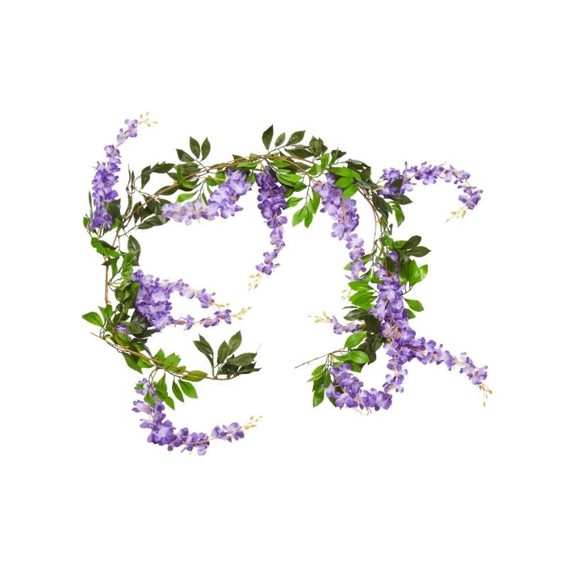 Artificial purple wisteria garland with cascading flowers and green leaves on white background, decorative floral arrangement for Smart Garden