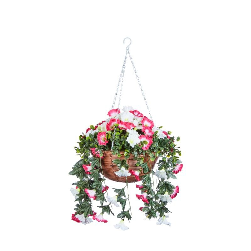 Smart Garden Regal Hanging Basket with pink and white flowering plants cascading from brown wicker basket suspended by silver chain