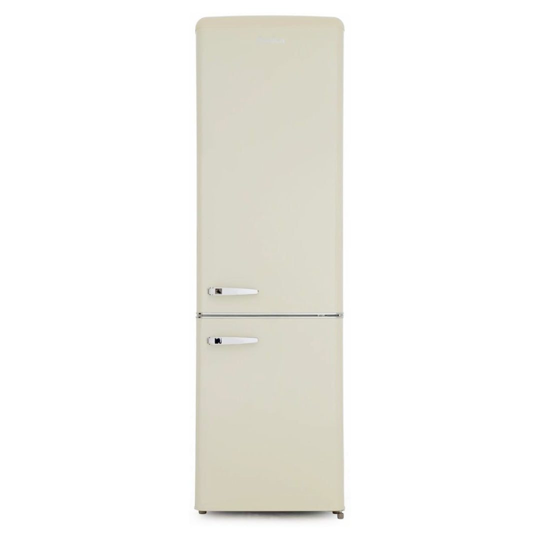 Amica cream retro style fridge freezer with 60/40 split doors and chrome handles, 181cm tall