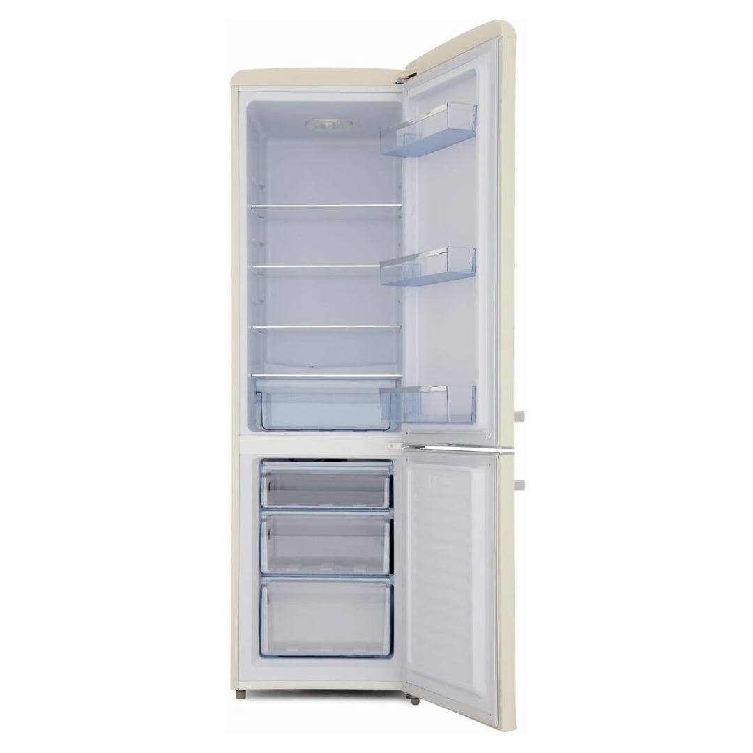 Amica cream retro style fridge freezer with open doors showing shelving and freezer drawers, 181cm tall 60/40 split FKR29653C model