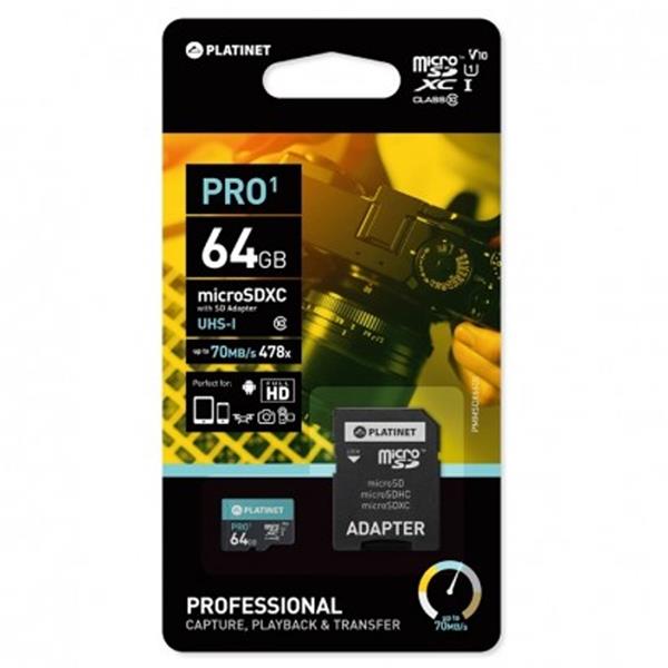 Platinet 64GB MicroSD Memory Card Pro Class 10 UI + Adapter - PMMSDX64UI