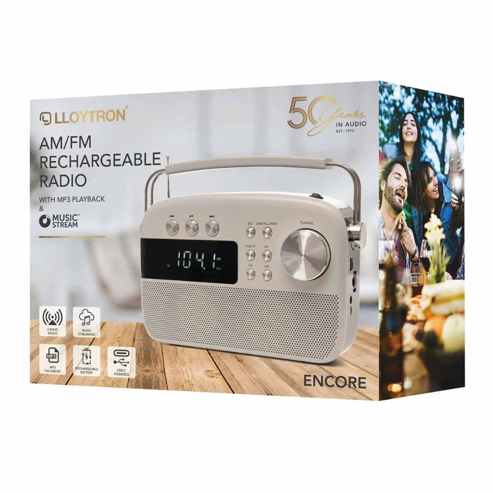 Lloytron 2 Band Encore Rechargeable AM/FM Radio + Music Stream - White | PP6407WH