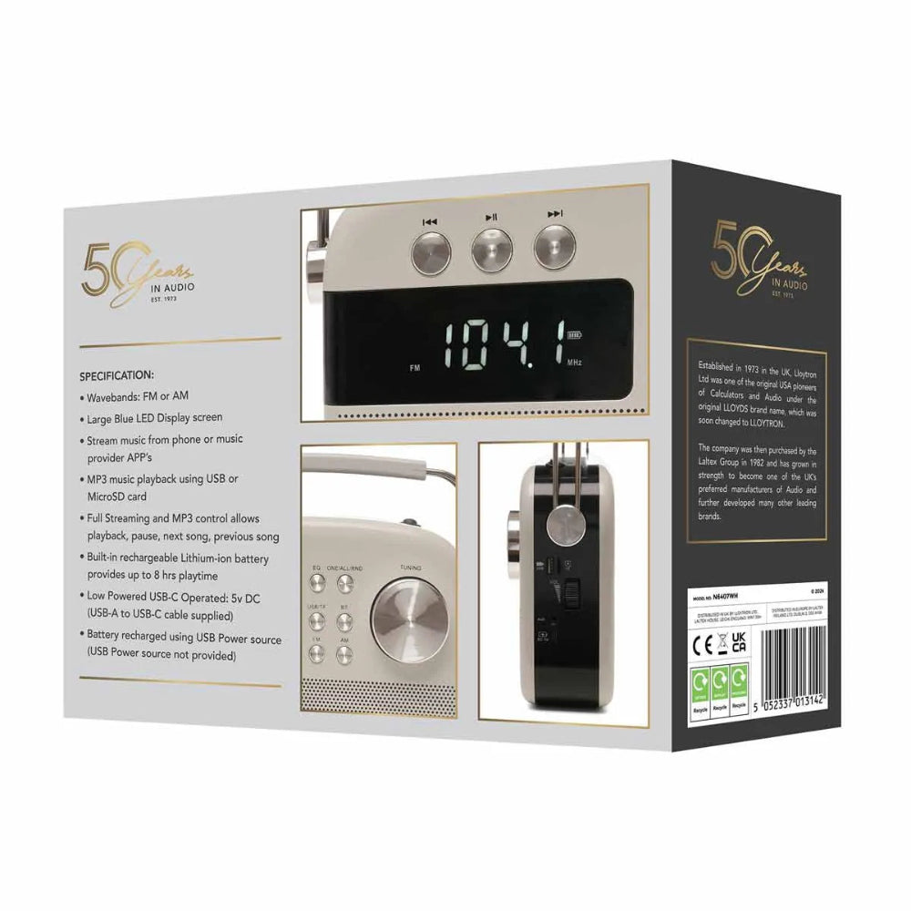 Lloytron 2 Band Encore Rechargeable AM/FM Radio + Music Stream - White | PP6407WH