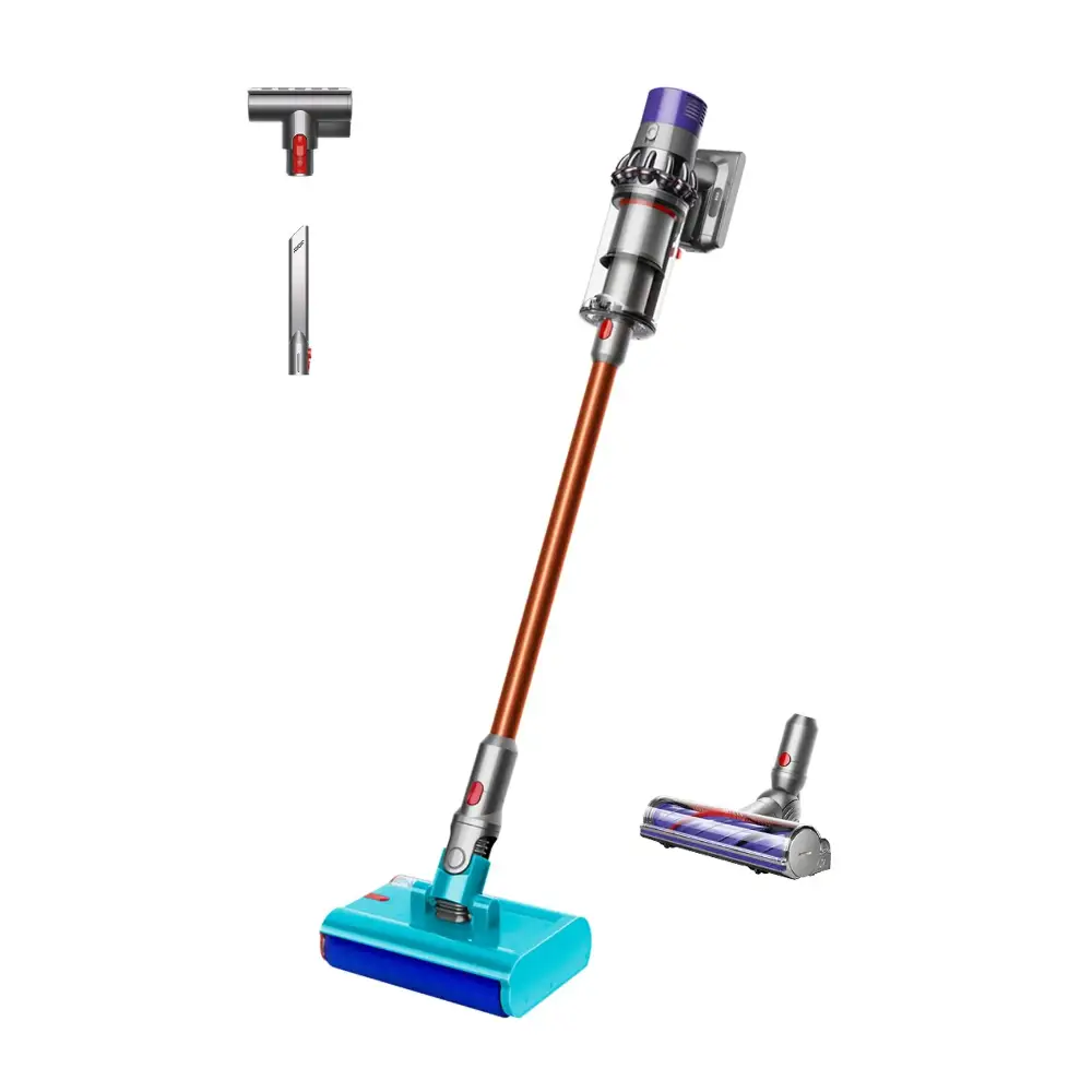 Dyson Cyclone V10 Submarine cordless stick vacuum cleaner in nickel and copper with copper tube, turquoise and blue wet-dry floor head, detachable motorized brush head, and included crevice tool attachment displayed against white background