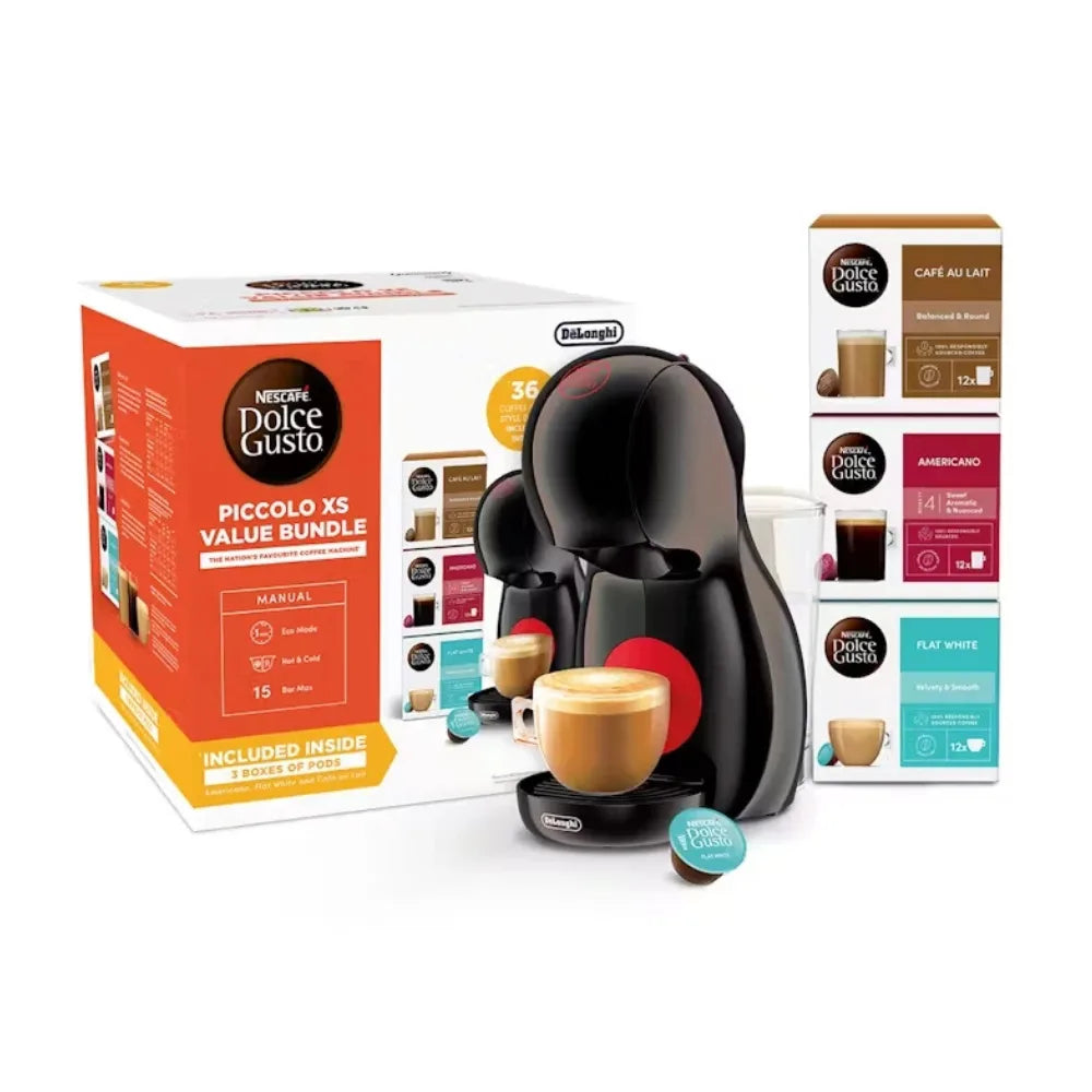Delonghi Nescafe Dolce Gusto Piccolo XS POD Coffee Machine Bundle Deal - Black | EDG210.B+3COFF