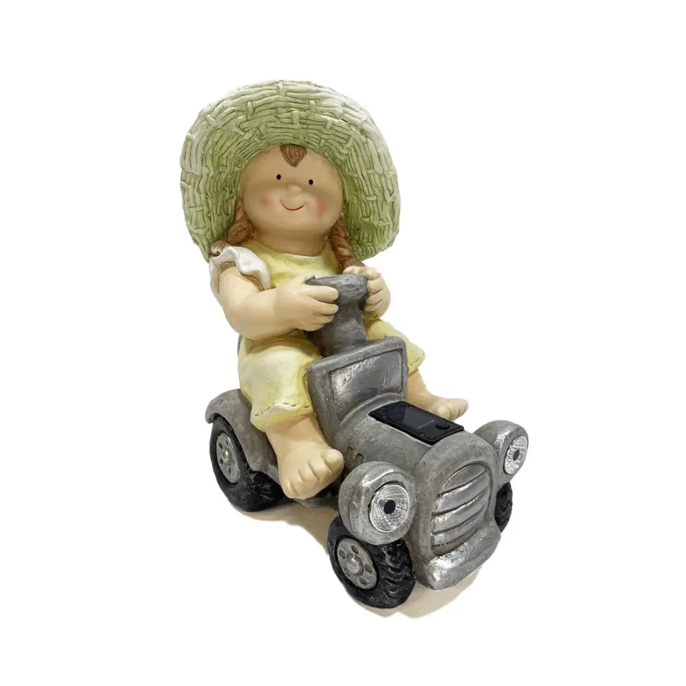 WGP Girl Drives Tractor with Solar Lights Garden Ornament | G0356