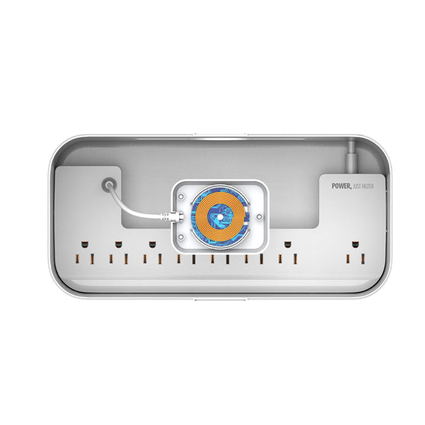 Electrical panel with multiple outlets and a switch on a white background