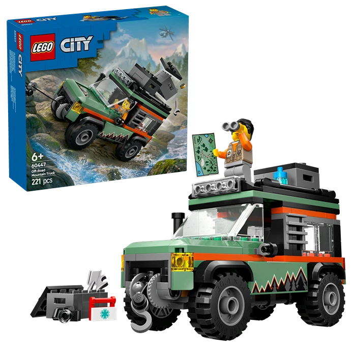 LEGO City Off-Road 4x4 Mountain Truck set 60447 featuring green and orange expedition vehicle with detailed minifigure and accessories, displayed with blue box packaging showing 221 pieces for ages 6 and up