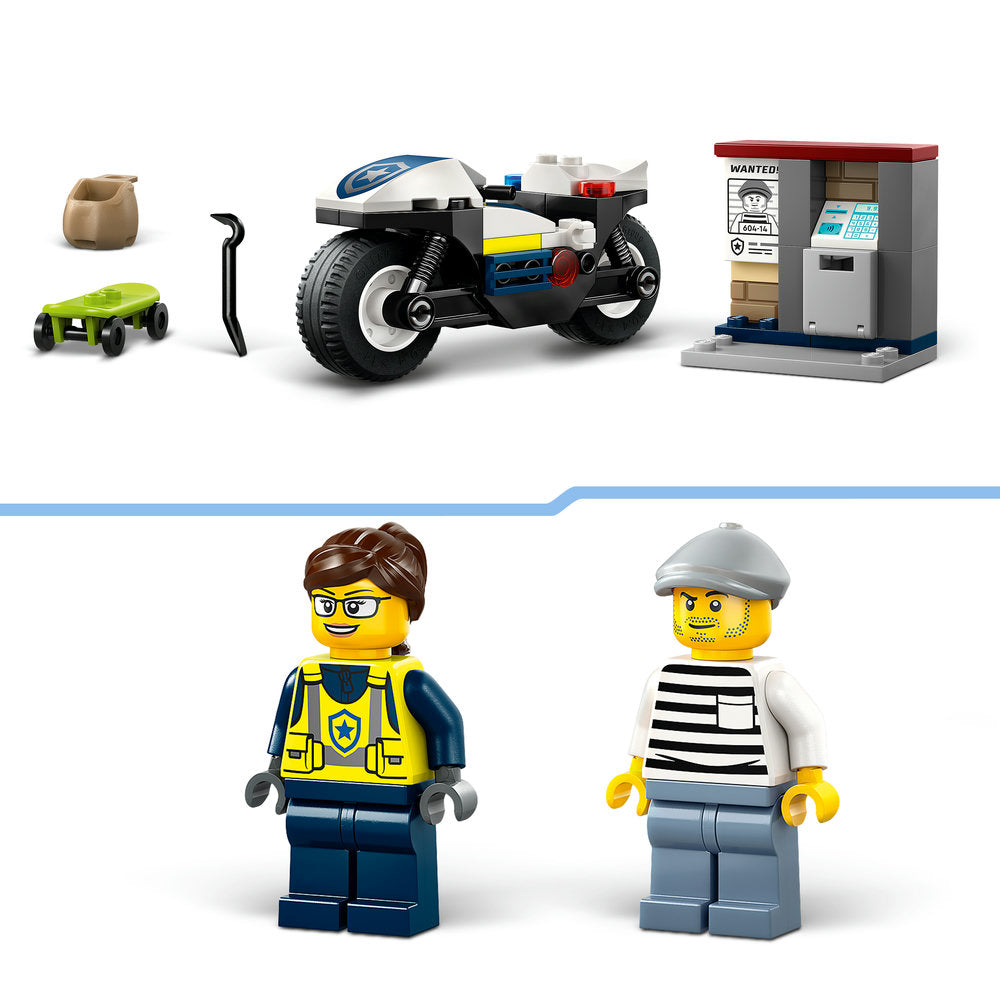 LEGO Police Motorcycle Chase set 60455 featuring a blue and white police motorcycle with black tires, a lime green skateboard, tan bag, black crowbar tool, police station building with wanted poster, and two minifigures including a police officer in yellow vest and a criminal in striped shirt and gray cap