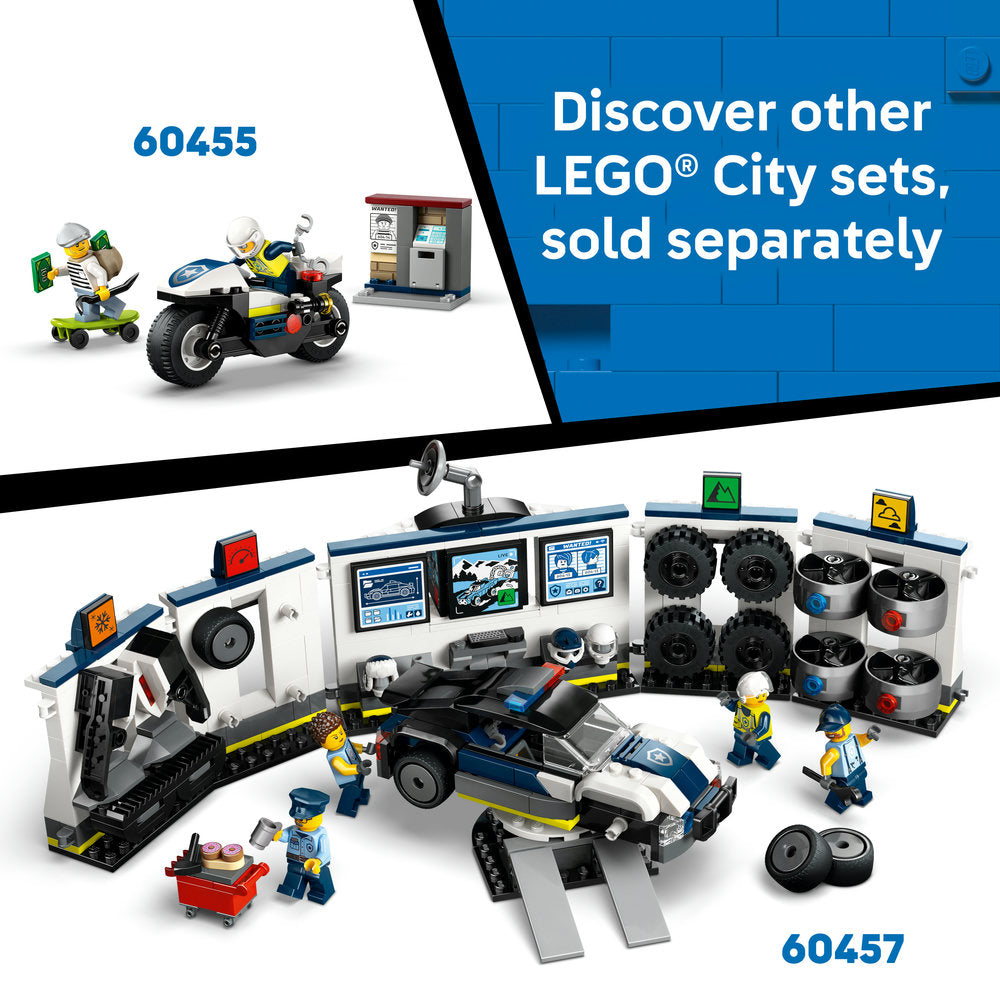 LEGO City Police Boat Chase set 60456 featuring a blue and white police speedboat, minifigures in police uniforms, and water-based accessories displayed against a white background