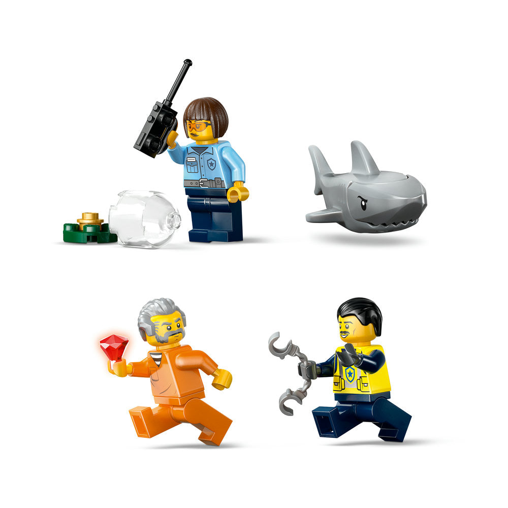 LEGO Police Boat Chase set 60456 featuring four minifigures in blue and yellow police uniforms, a gray shark figure, a clear police boat element, a red gem accessory, and gray mechanical claws against a white background