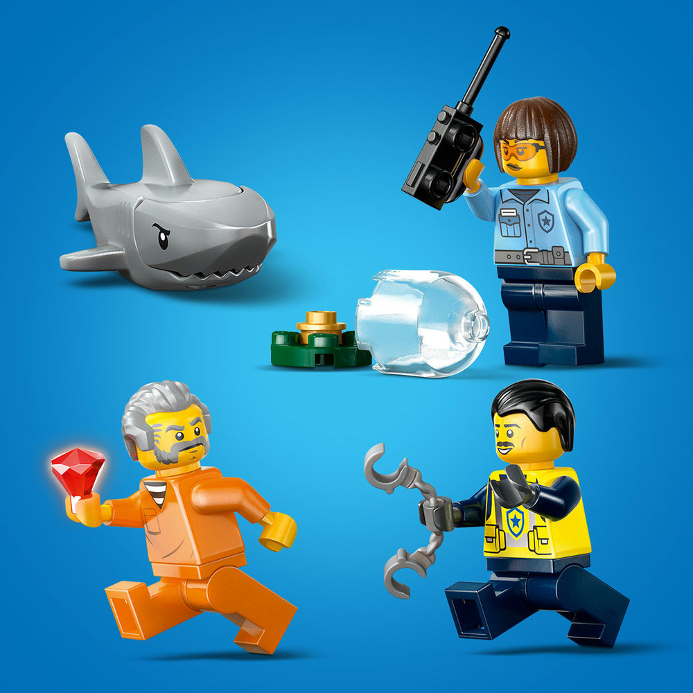 LEGO Police Boat Chase set 60456 featuring four minifigures in police and civilian outfits, a white shark-shaped boat, clear diamond-shaped crystal element, and metallic wrench accessories on blue background