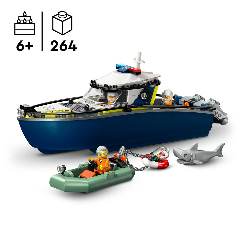 LEGO Police Boat Chase set 60456 featuring a dark blue and yellow police vessel with white cabin, two minifigures in orange and blue uniforms, a green inflatable rescue boat with minifigure, shark toy, and chain accessory, 264 pieces for ages 6+